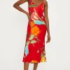 Sale Oasis Large Scale Floral Satin Slip Dress Red