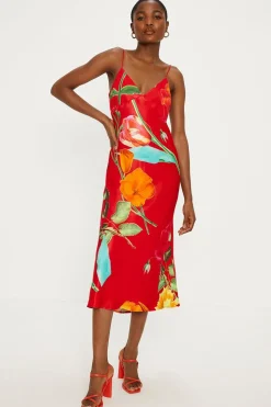 Sale Oasis Large Scale Floral Satin Slip Dress Red