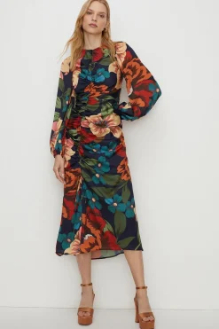 Discount Oasis Large Scaled Floral Ruched Front Midi Dress Multi