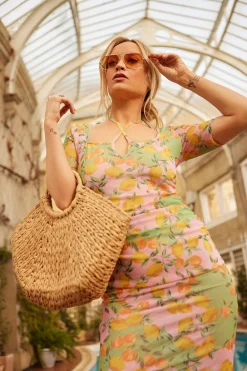 Outlet Oasis Laura Whitmore Fruit Print Keyhole Front Mesh Midi Dress Multi