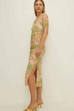 Outlet Oasis Laura Whitmore Fruit Print Keyhole Front Mesh Midi Dress Multi