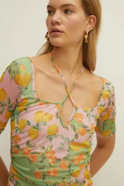 Outlet Oasis Laura Whitmore Fruit Print Keyhole Front Mesh Midi Dress Multi