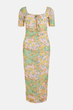 Outlet Oasis Laura Whitmore Fruit Print Keyhole Front Mesh Midi Dress Multi
