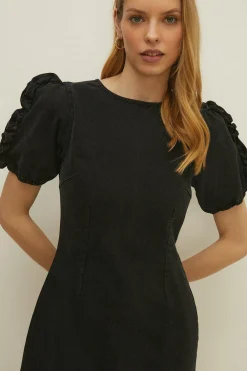 Best Oasis Laura Whitmore Stretch Denim Ruffle Sleeve Shift Dress Black