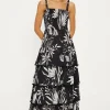 Outlet Oasis Leaf Pom Pom Trim Tiered Midi Dress Mono