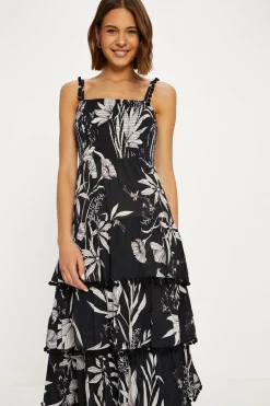 Outlet Oasis Leaf Pom Pom Trim Tiered Midi Dress Mono