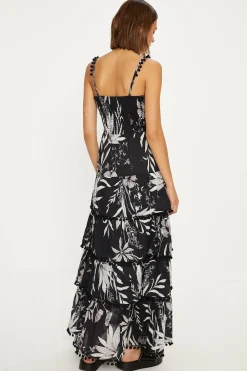 Outlet Oasis Leaf Pom Pom Trim Tiered Midi Dress Mono