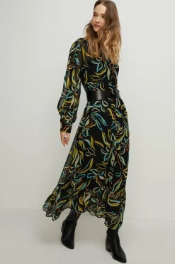 Hot Oasis Leafy Floral Belted Midi Shirt Dress Multi