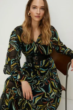 Hot Oasis Leafy Floral Belted Midi Shirt Dress Multi