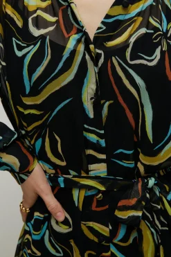 Hot Oasis Leafy Floral Belted Midi Shirt Dress Multi