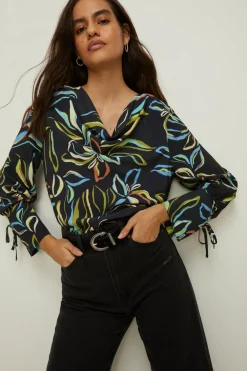 Fashion Oasis Leafy Floral Long Sleeve Cowl Neck Top Black