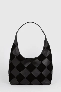 New Oasis Leather And Suede Diamond Detail Shoulder Bag Black