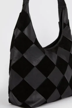 New Oasis Leather And Suede Diamond Detail Shoulder Bag Black