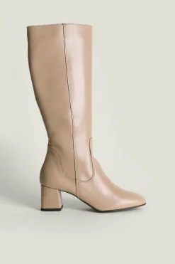 Outlet Oasis Leather Block Heel Knee High Boot Beige