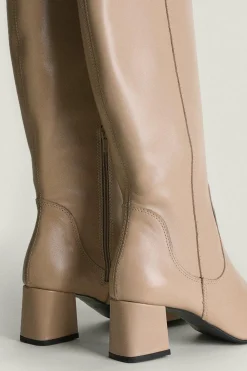 Outlet Oasis Leather Block Heel Knee High Boot Beige