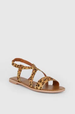Clearance Oasis Leather Cross Over Flat Sandals Leopard