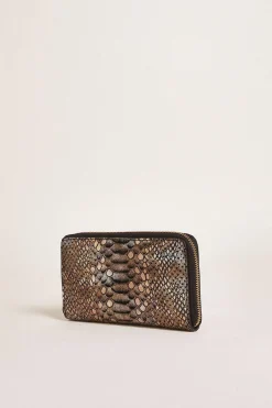 Best Oasis Leather Metallic Snake Print Zip Around Purse Gold