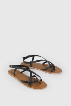 Best Oasis Leather Multi Strap Flat Sandals Black