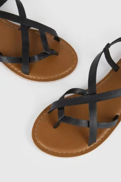 Best Oasis Leather Multi Strap Flat Sandals Black
