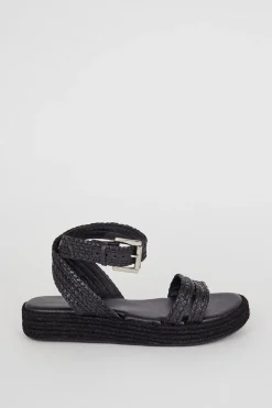 New Oasis Leather Plaited Double Strap Sandals Black