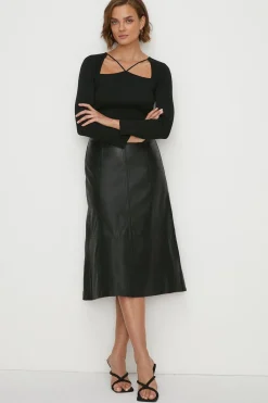 Online Oasis Leather Seam Detail Midi Skirt Black