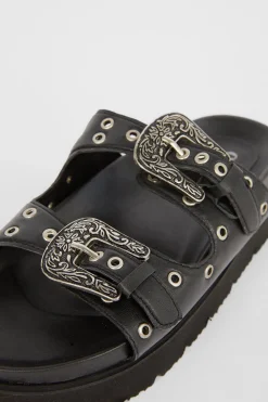 Best Oasis Leather Western Studded Flatform Sandal Black