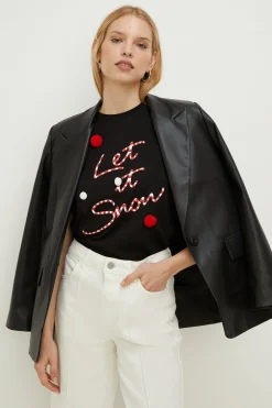New Oasis Let It Snow Pom Pom Christmas T-Shirt Black