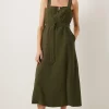 Hot Oasis Linen Look Belted Midi Dress Khaki