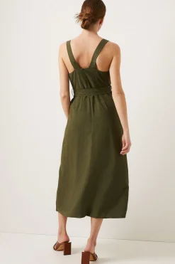 Hot Oasis Linen Look Belted Midi Dress Khaki