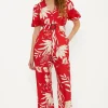 New Oasis Linen Look Floral Print Puff Sleeve Belted Jumpsuit Red