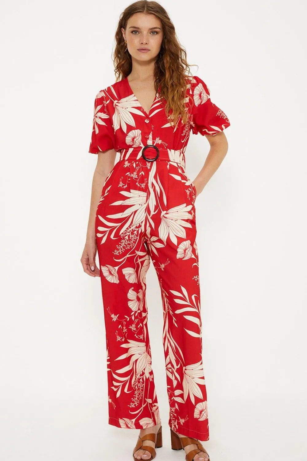 New Oasis Linen Look Floral Print Puff Sleeve Belted Jumpsuit Red