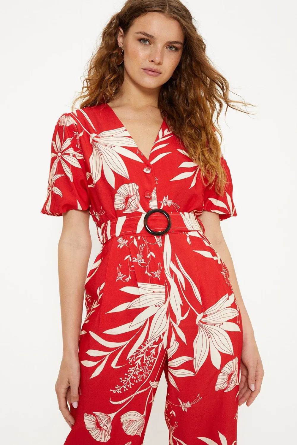 New Oasis Linen Look Floral Print Puff Sleeve Belted Jumpsuit Red