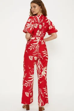 New Oasis Linen Look Floral Print Puff Sleeve Belted Jumpsuit Red