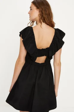 Fashion Oasis Linen Look Flutter Sleeve Mini Dress Black
