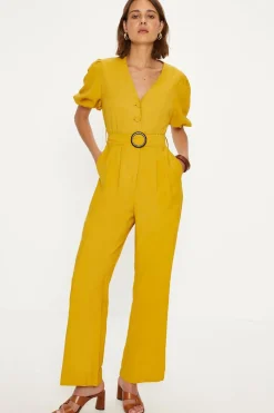 Sale Oasis Linen Look Puff Sleeve Belted Jumpsuit Mustard