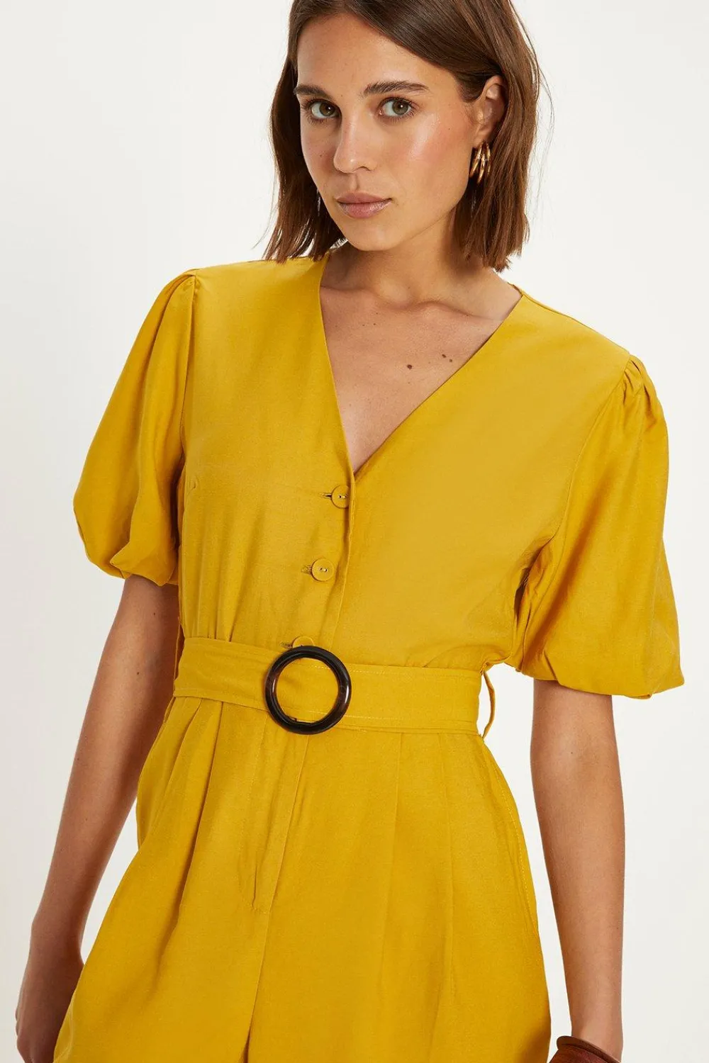 Sale Oasis Linen Look Puff Sleeve Belted Jumpsuit Mustard