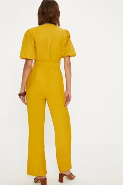 Sale Oasis Linen Look Puff Sleeve Belted Jumpsuit Mustard