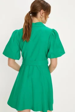 New Oasis Linen Look Puff Sleeve Shirt Dress Green
