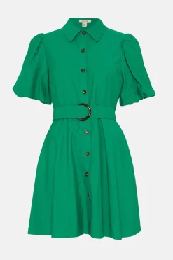 New Oasis Linen Look Puff Sleeve Shirt Dress Green