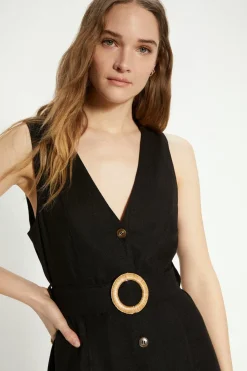 Clearance Oasis Linen Mix Belted Shirt Dress Black