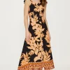 Outlet Oasis Linen Mix Border Palm Print Button Through Midi Dress Black