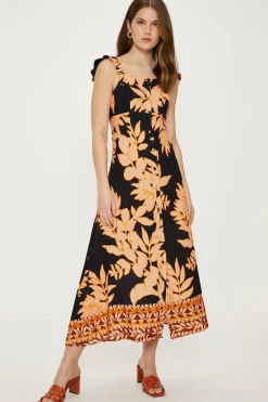 Outlet Oasis Linen Mix Border Palm Print Button Through Midi Dress Black