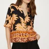 Outlet Oasis Linen Mix Border Palm Print Resort Shirt Black