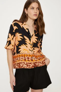 Outlet Oasis Linen Mix Border Palm Print Resort Shirt Black
