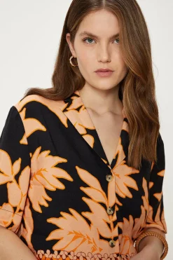Outlet Oasis Linen Mix Border Palm Print Resort Shirt Black