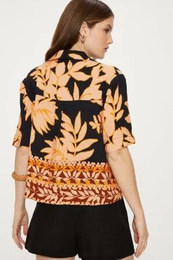Outlet Oasis Linen Mix Border Palm Print Resort Shirt Black