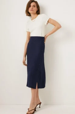 Discount Oasis Linen Mix Button Detail Midi Skirt Navy