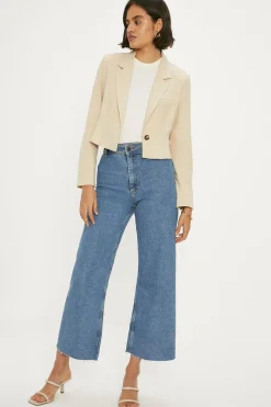 New Oasis Linen Mix Cropped Blazer Ecru