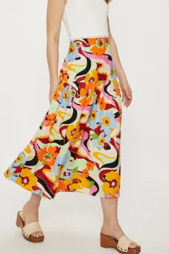 Clearance Oasis Linen Mix Floral Print Midi Skirt Multi