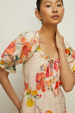 Online Oasis Linen Mix Fruit Printed Tie Scoop Neck Top Floral